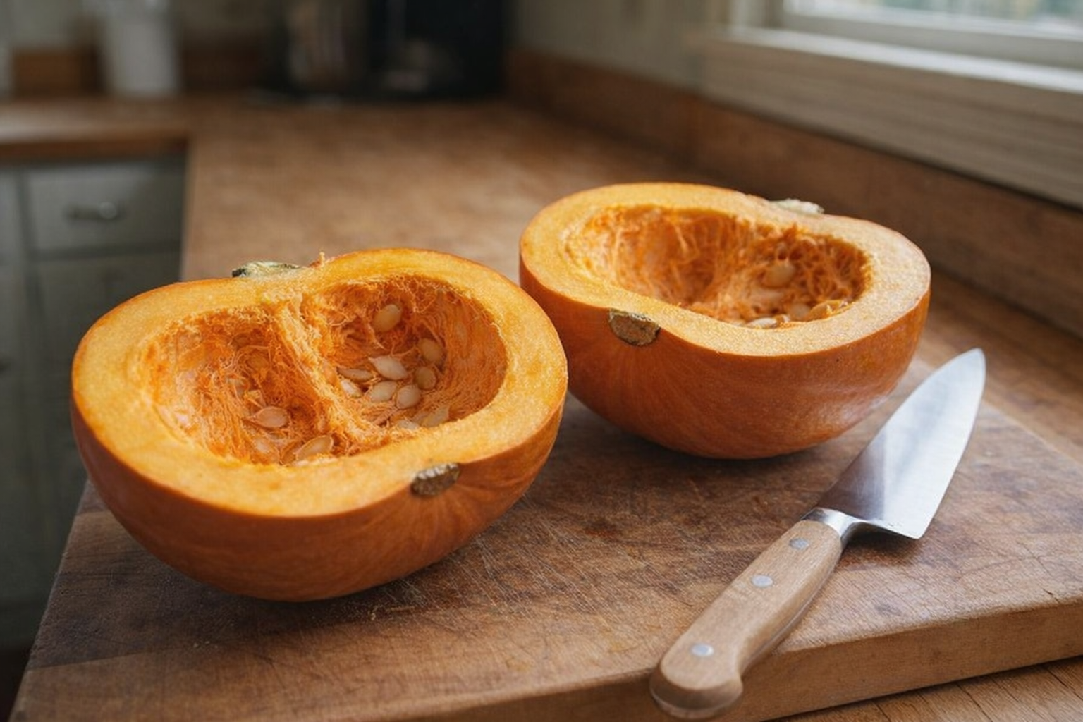 Two halved sugar pumpkins on a wooden cutting board, seeds scooped out, a sharp knife beside them